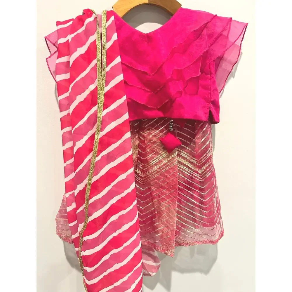 Babyhug Ruffle Sleeves Choli Lehenga And Dupatta With Lehriya Print- Pink 12-18m